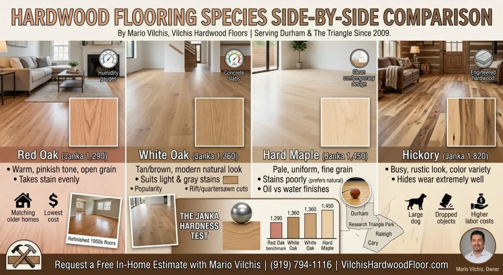 Red oak, white oak, maple and hickory sample boards side by side with the same natural finish